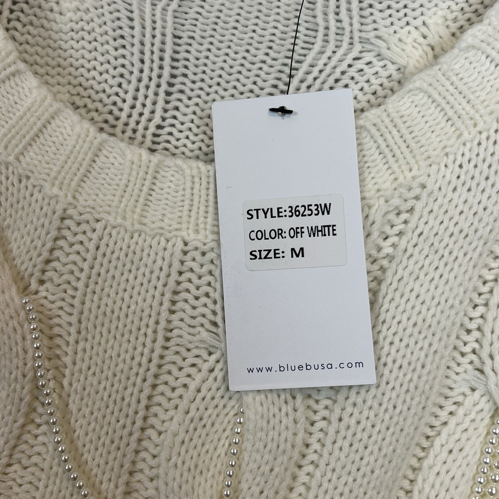 Blue B Ivory Cableknit Sweater with Pearl Beads Womens Size Medium NWT - Picture 2 of 10